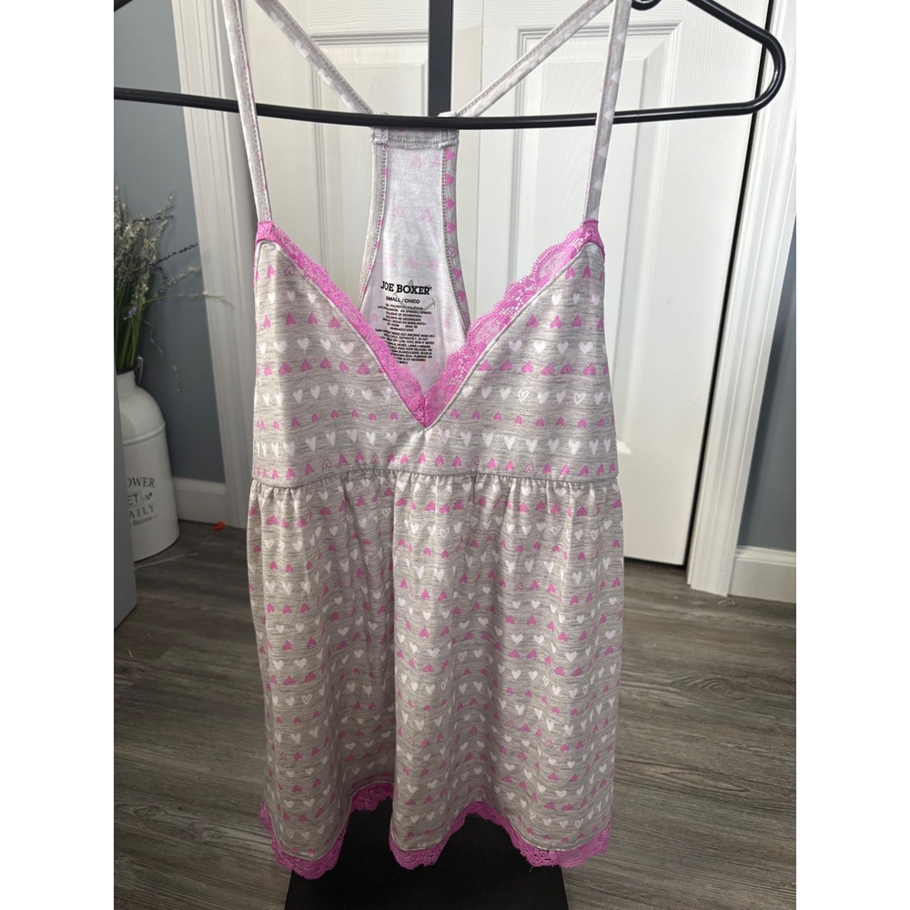 Joe Boxer Womens Heart Print Lace Trim Sleep Cami‎ Top Grey Pink Small NWT